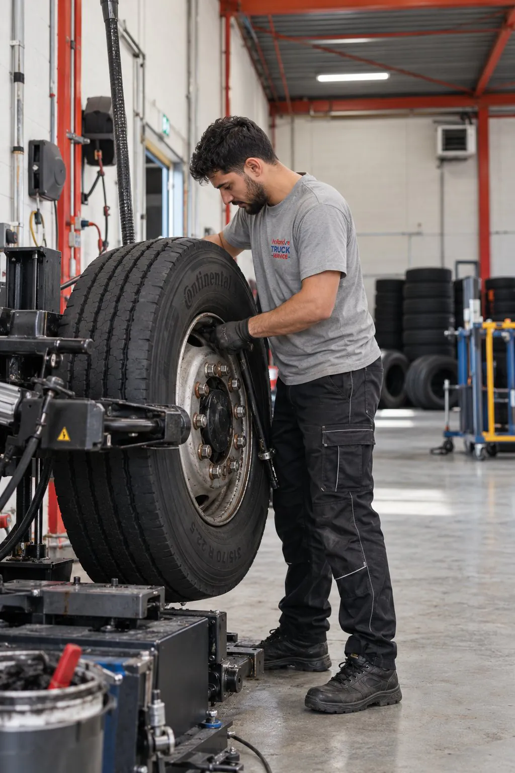 Mechanic fitting a truck tyre on the tyre machine