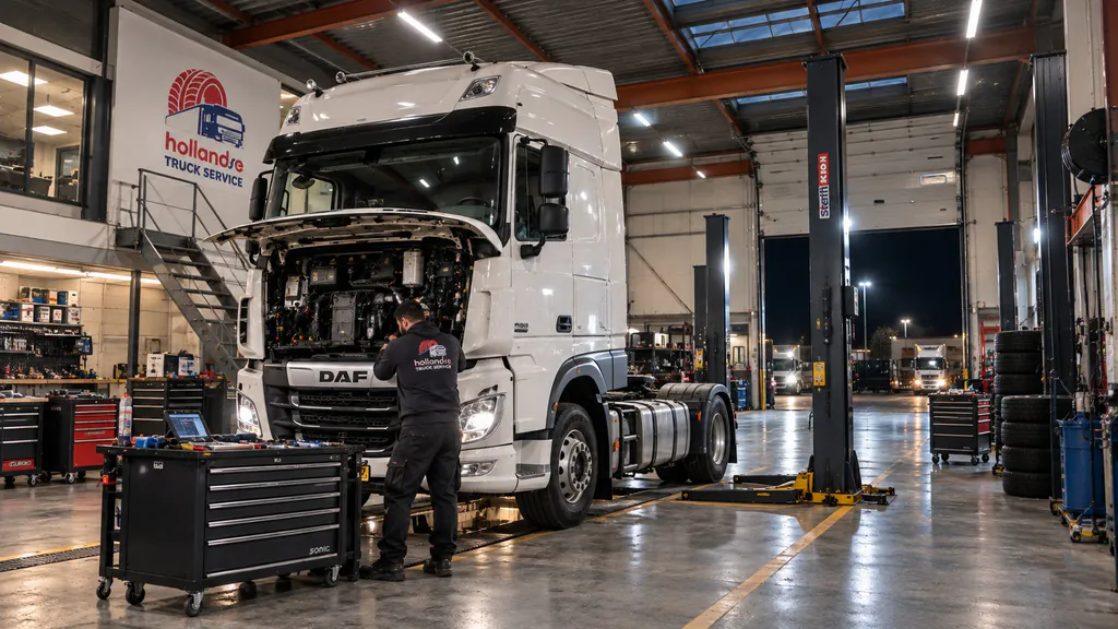 Workshop at night: DAF tractor unit on the lift with its cab tilted