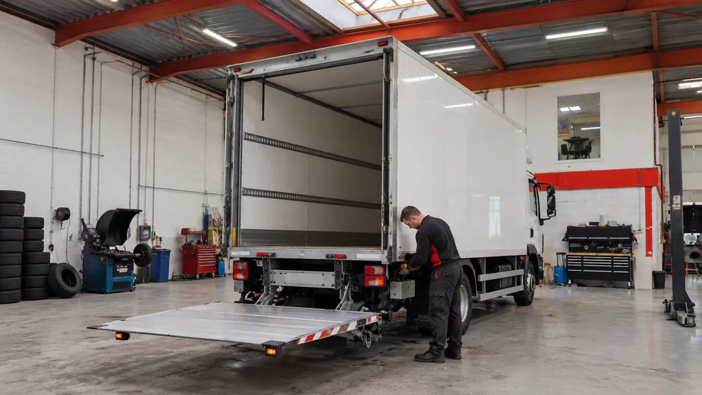 Box truck with its tail lift open in the workshop