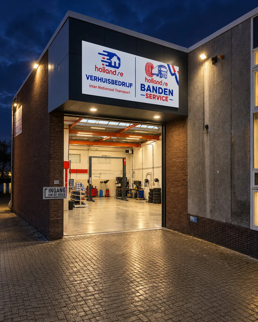 Illuminated workshop entrance on Haarlemmerstraatweg at night